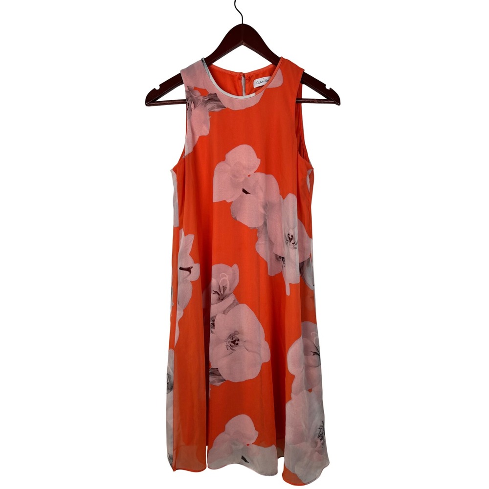 Calvin Klein Shift Dress Women 6 Orange Floral Orchid Sleeveless Chiffon Lined